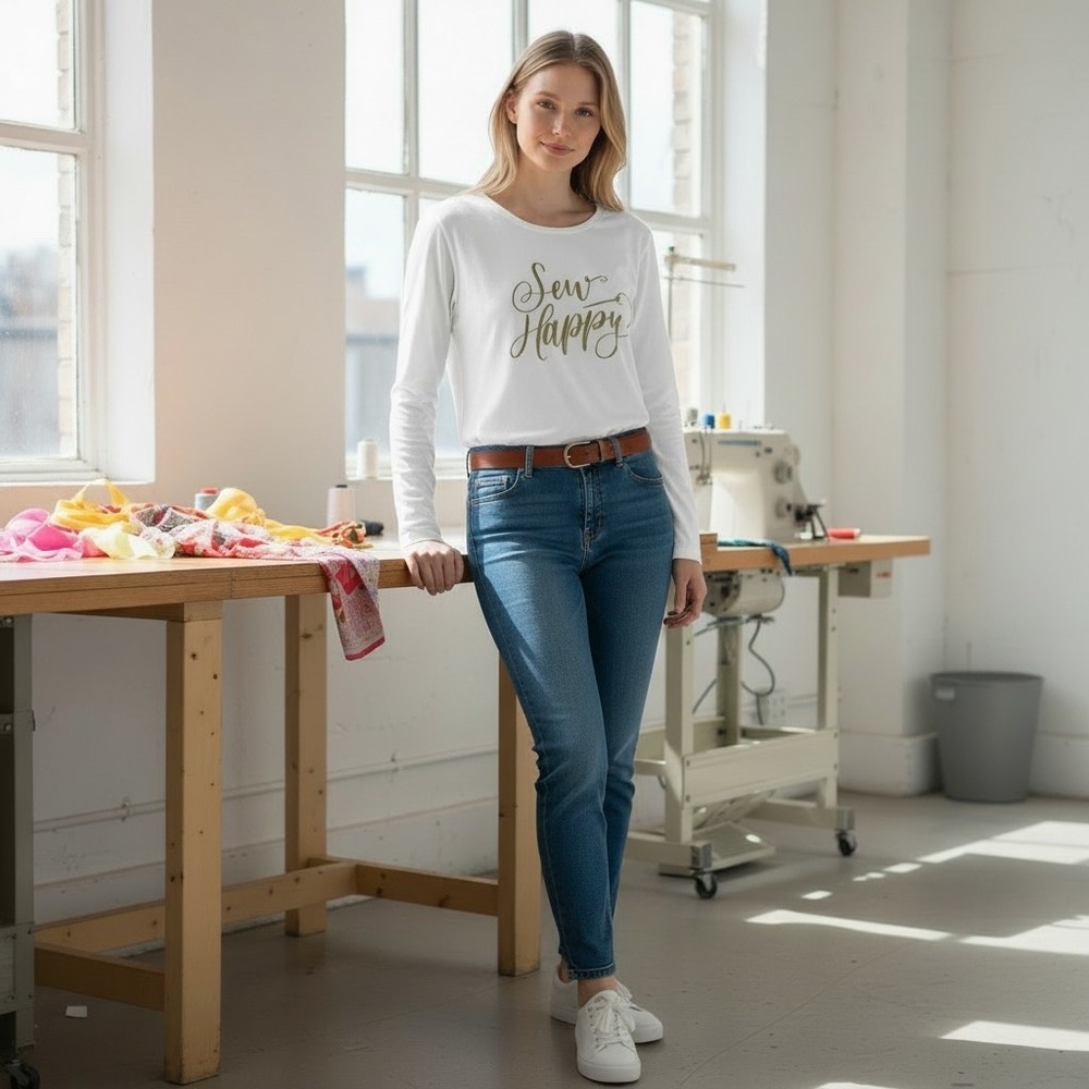 Sew Happy Graphic Long Sleeve Tee White‎ Gold Seamstress Crafting Shirt Women S